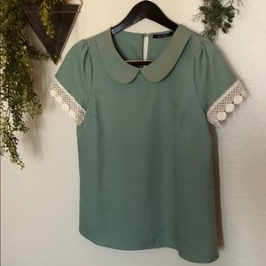 Doe & Rae Mint Green Blouse with Lace Sleeve Trim